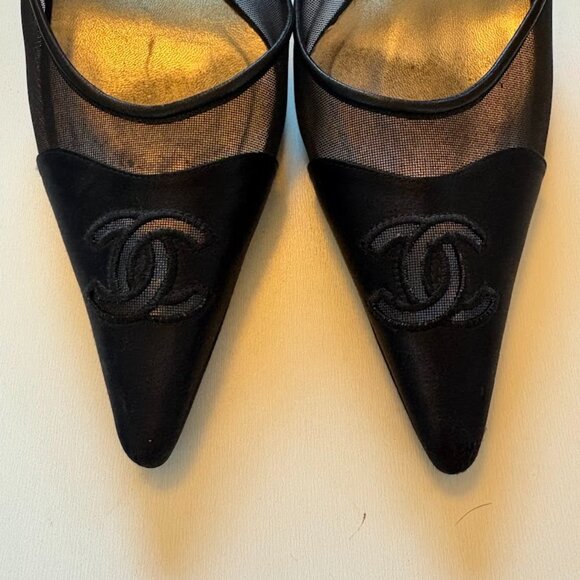 Chanel Iconic "CC" Black Mesh Sling Back Heel Luxury - Picture 2 of 15